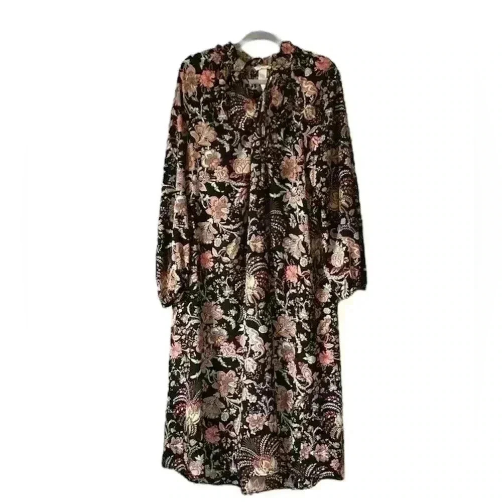 H&M Black Allover floral Print Long Sleeve Midi Length Dress Crepe Dress Sz14
